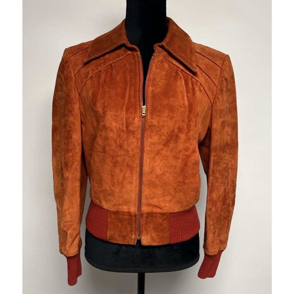 Vintage 1970's Rust Orange Suede‎ Bomber Jacket Womens Small Leather Groovy 70s